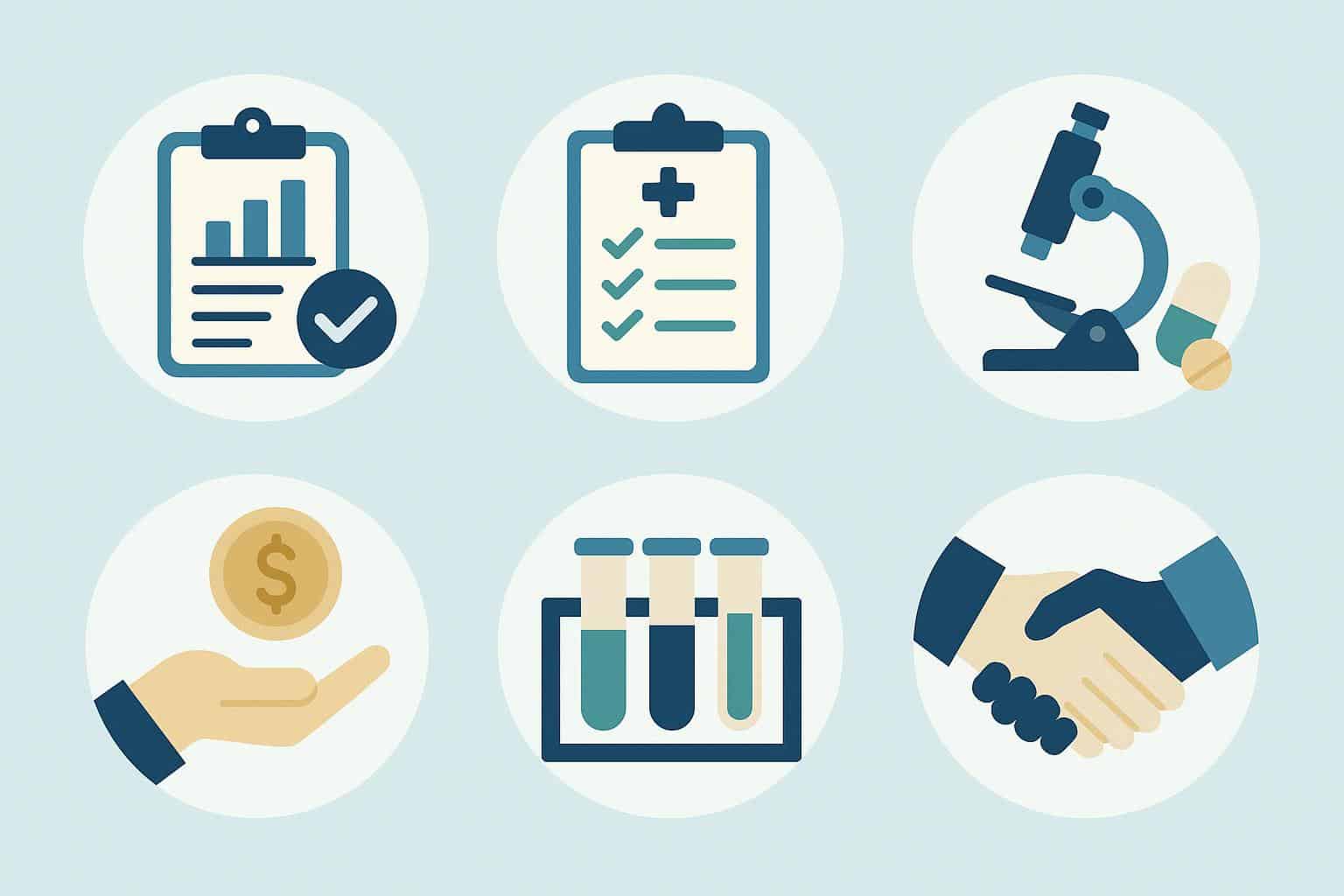 Clinical research study concept with medical documents, lab equipment, and data charts