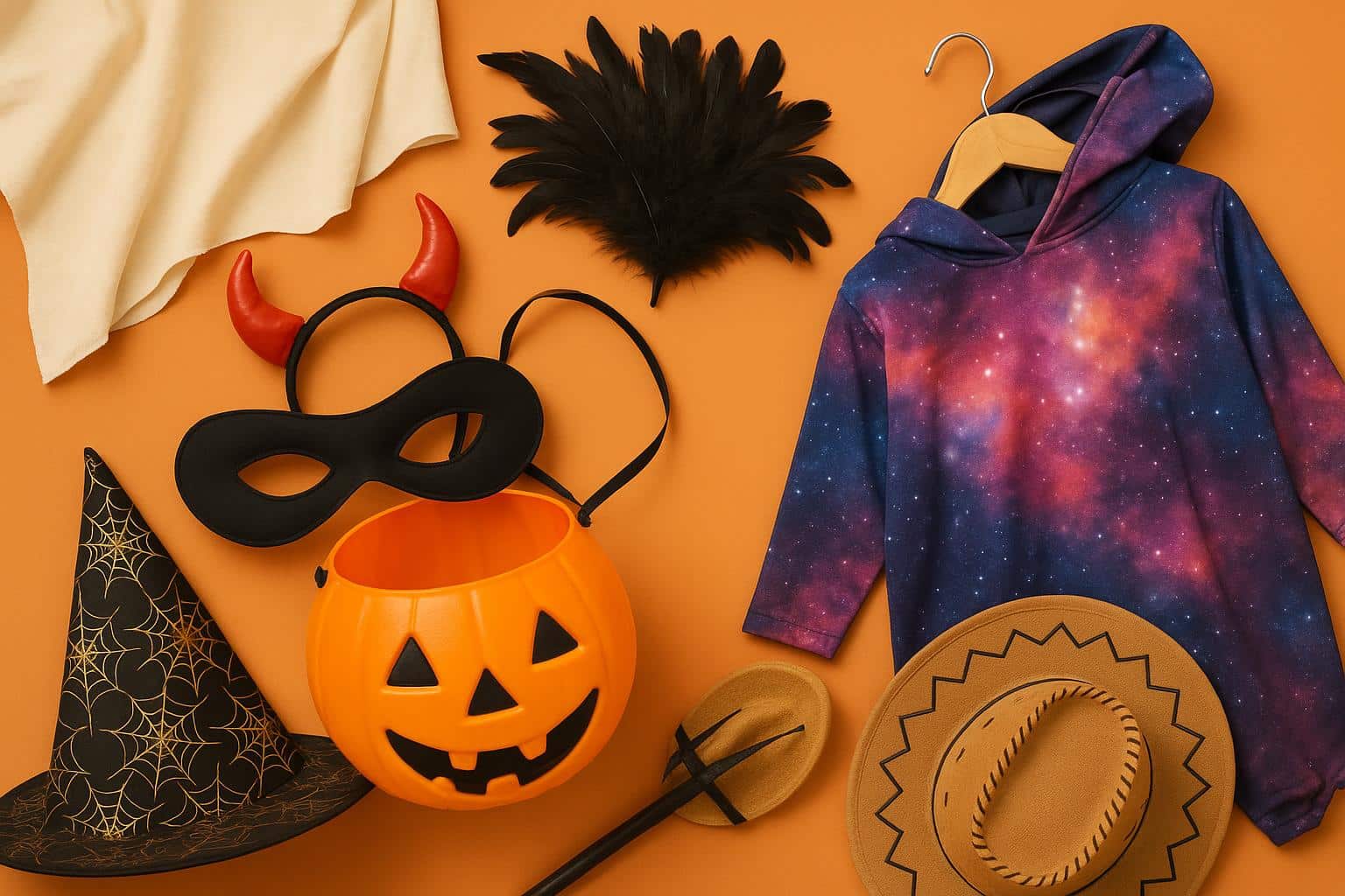 Creative costume accessories and unique outfit elements displayed for last minute Halloween shopping