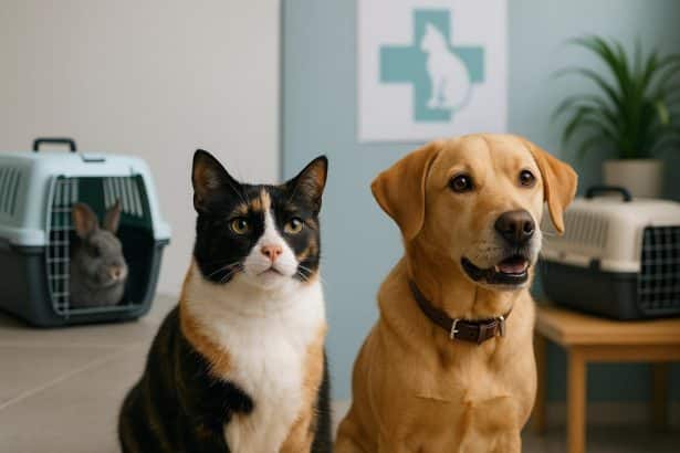 Dog and cat sitting together in a veterinary clinic for a routine health checkup