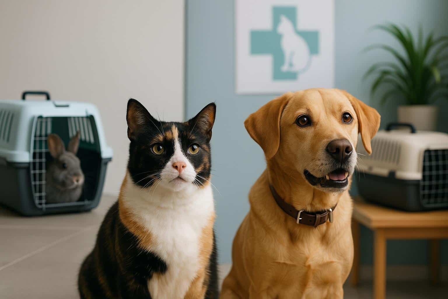 Dog and cat sitting together in a veterinary clinic for a routine health checkup