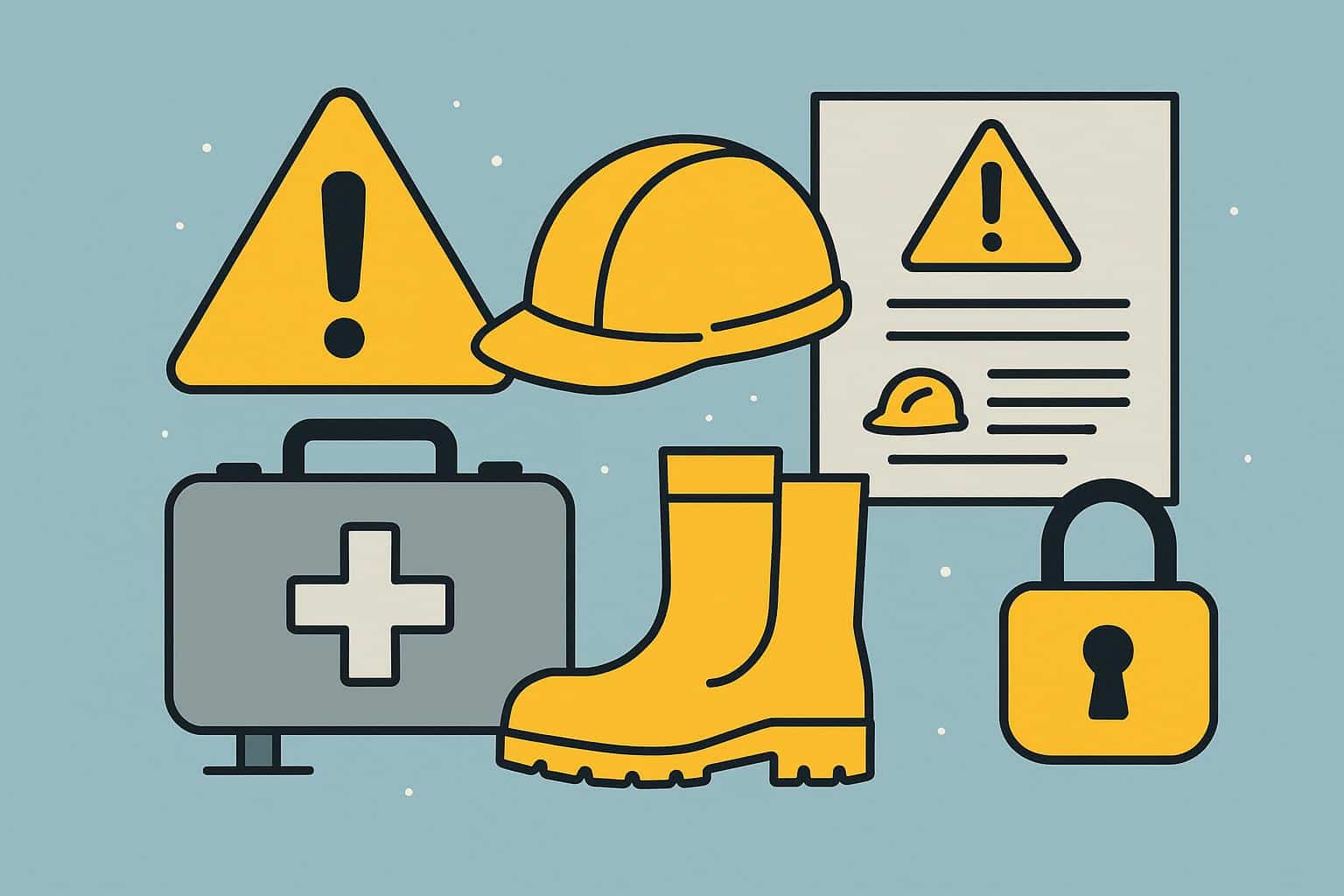 Office workspace with safety signs, ergonomic desk setup, and organized equipment for workplace safety