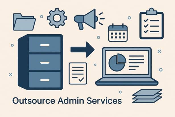 Stack of organized paperwork and digital tools symbolizing streamlined admin outsourcing solutions