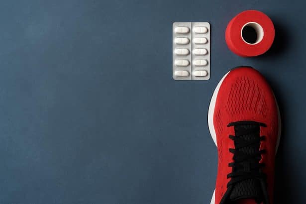 Athlete gripping injured leg with painkillers nearby, highlighting sports injury challenges