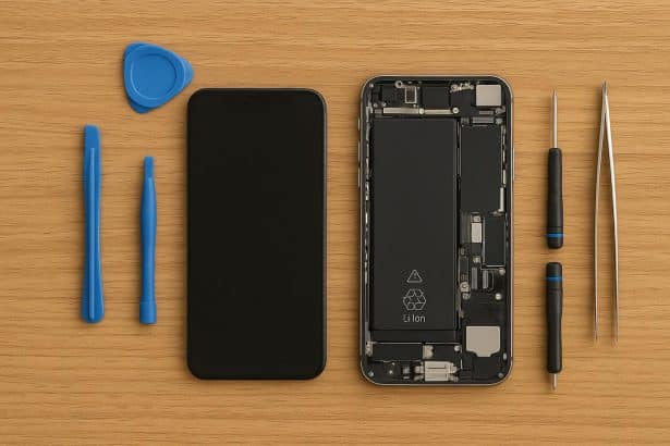 iPhone repair technician fixing smartphone with professional tools in certified service center