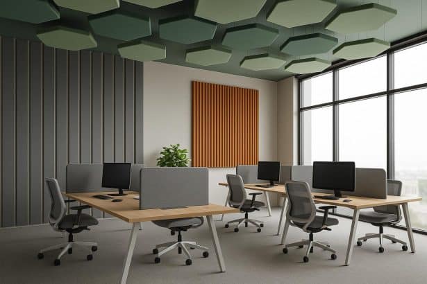 Modern open-plan office with acoustic panels enhancing sound quality and employee focus