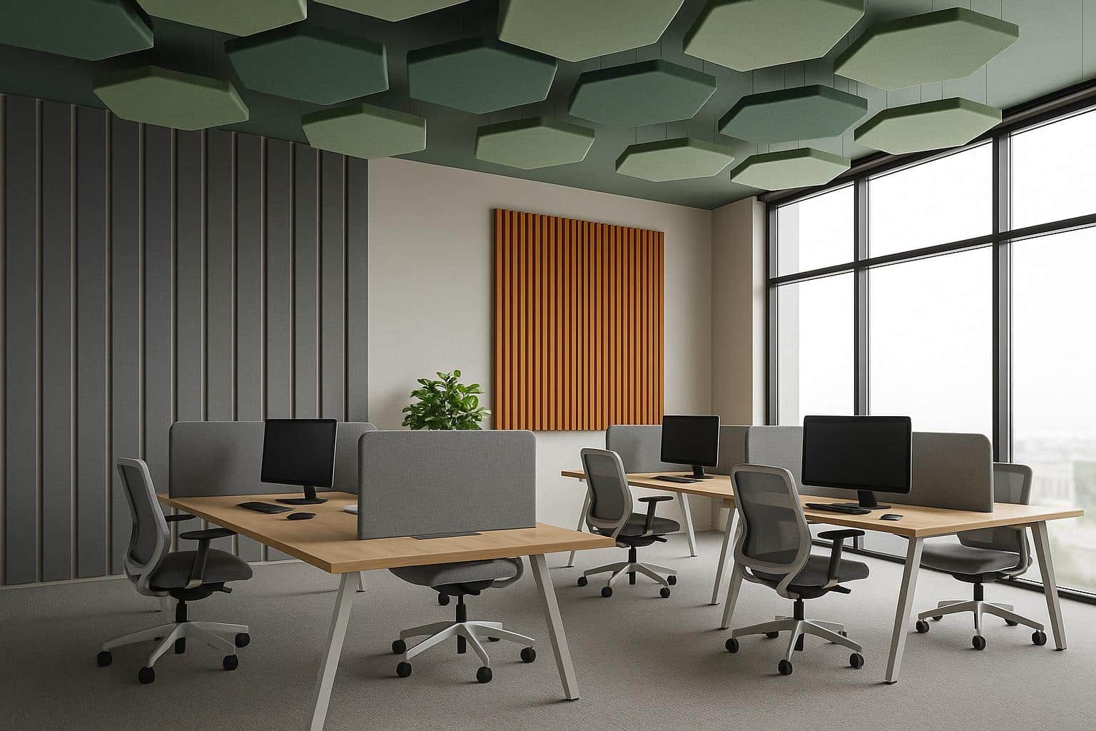 Modern open-plan office with acoustic panels enhancing sound quality and employee focus