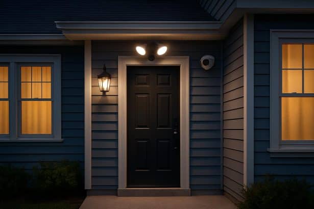 Well-lit modern house with visible security camera and sturdy front door at dusk
