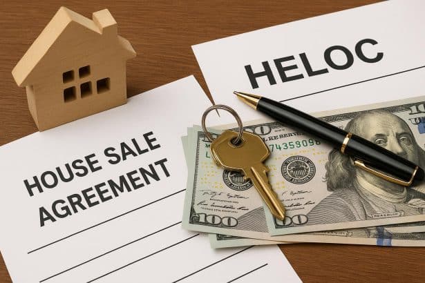 House with 'For Sale' sign and home equity line of credit documents at closing table
