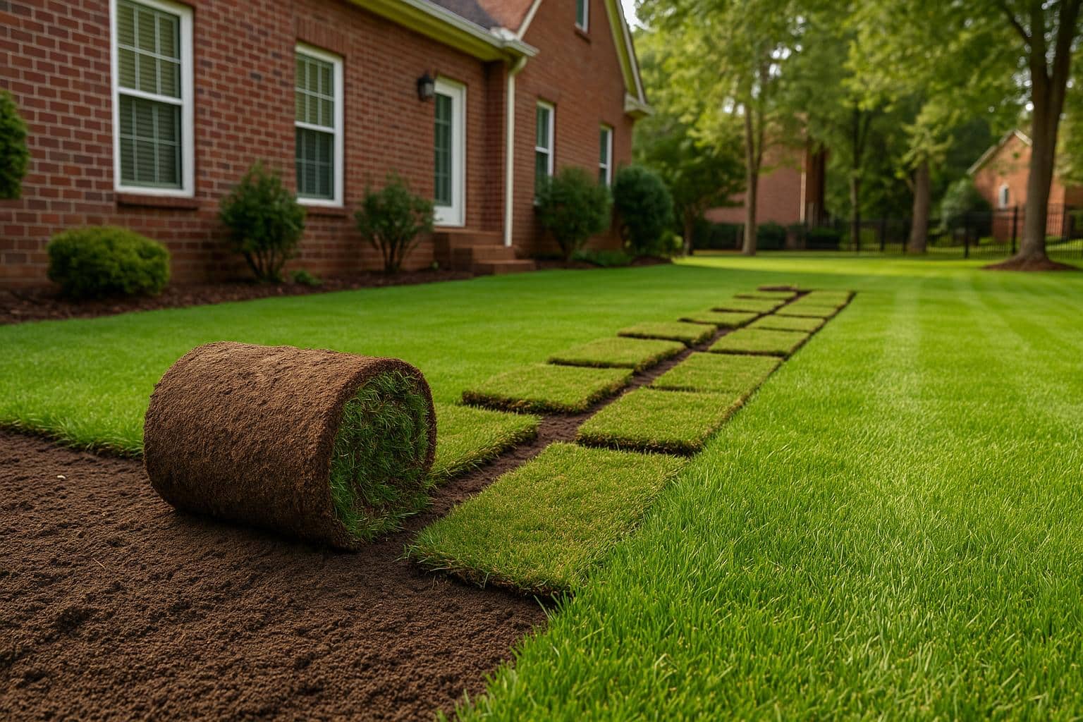 Freshly installed sod creating a lush, green lawn in an Atlanta residential yard