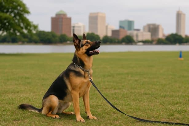 Golden retriever learning basic obedience commands with trainer in Norfolk, Virginia