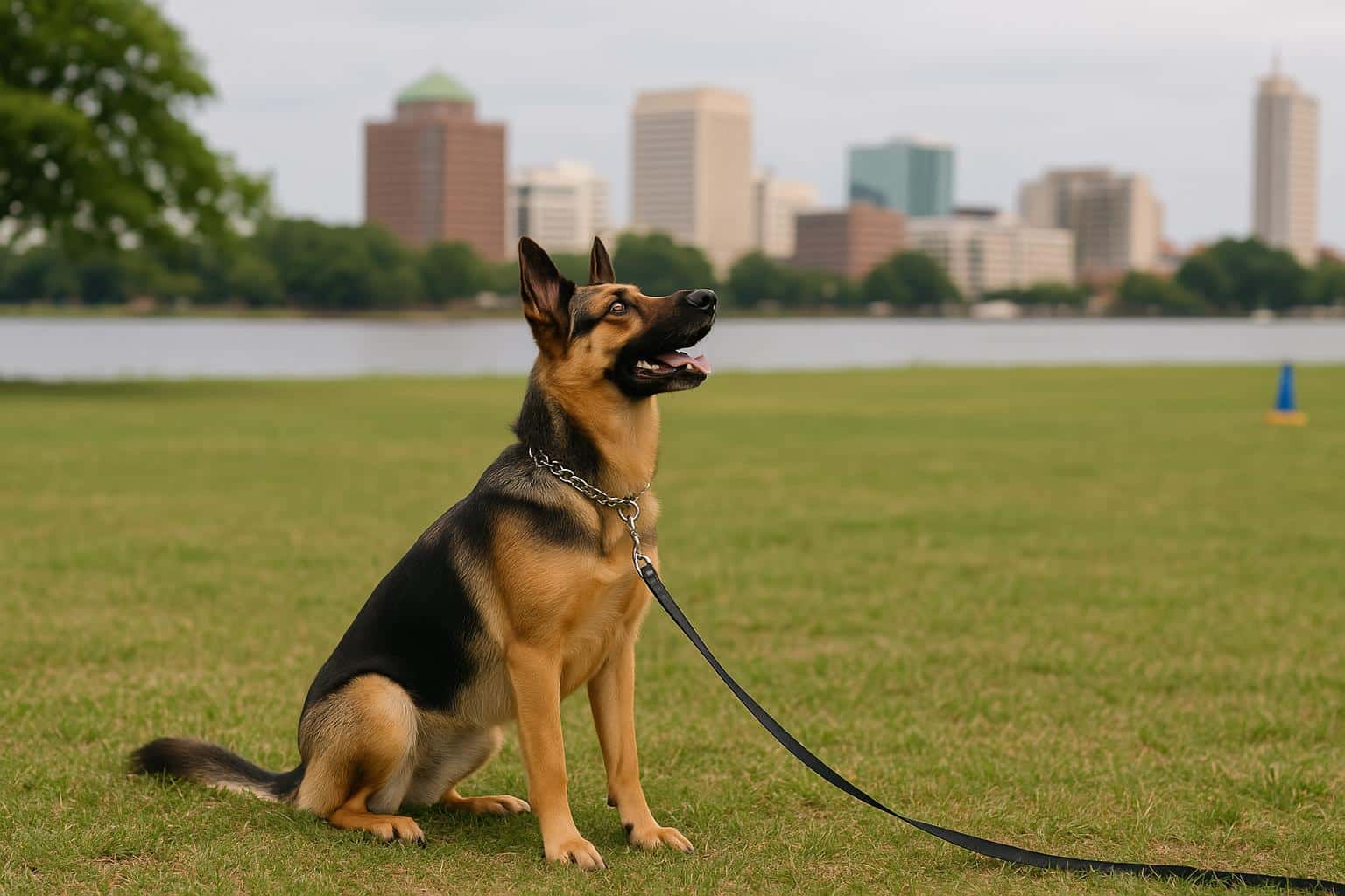 Golden retriever learning basic obedience commands with trainer in Norfolk, Virginia
