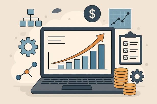 Business growth strategy concept with charts, gears, and digital systems integration visuals