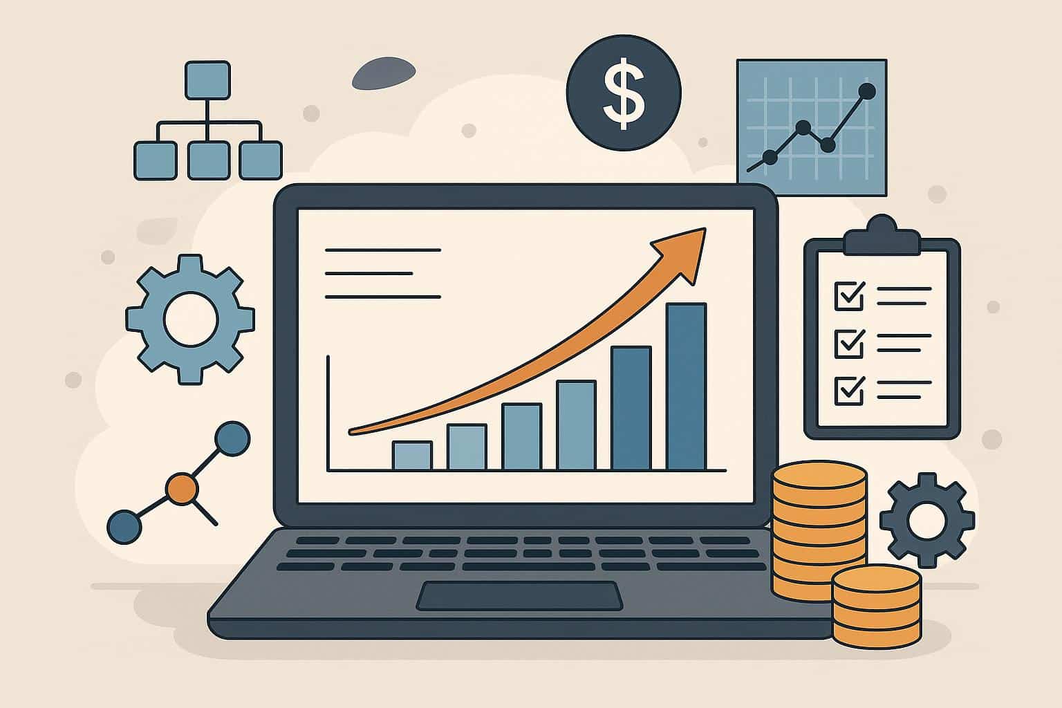 Business growth strategy concept with charts, gears, and digital systems integration visuals