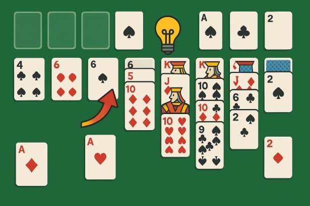 FreeCell strategy guide with cards laid out to illustrate winning tips and gameplay techniques