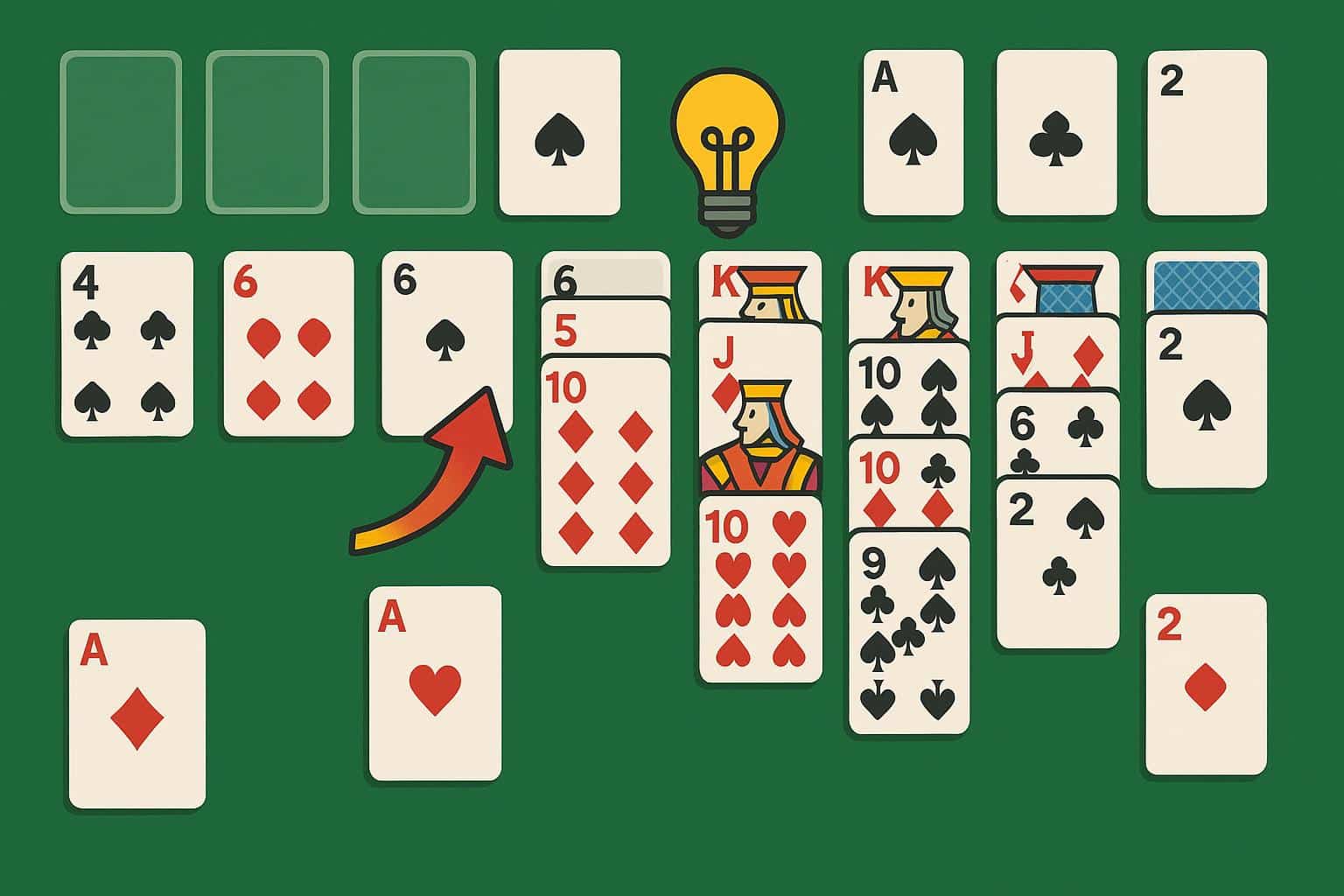 FreeCell strategy guide with cards laid out to illustrate winning tips and gameplay techniques