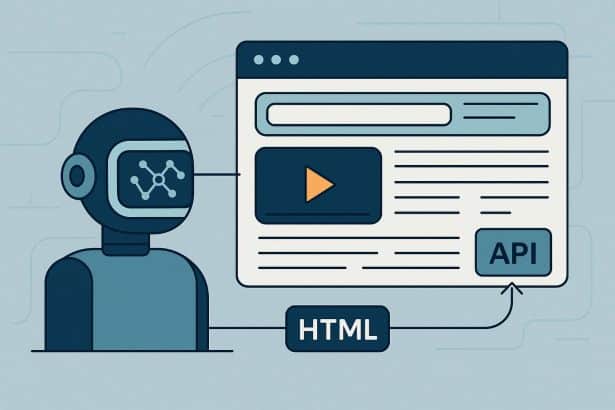 Abstract illustration of AI agents using headless browser APIs to navigate and interact with web pages