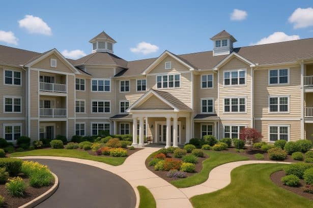 Modern assisted living facility exterior featuring landscaped grounds and welcoming entrance