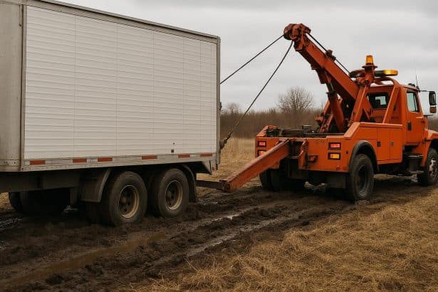 Loaded trailer being recovered from muddy terrain using towing equipment without disconnecting
