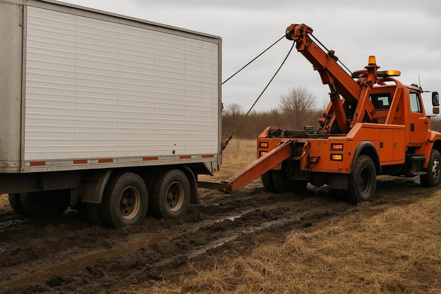 Loaded trailer being recovered from muddy terrain using towing equipment without disconnecting
