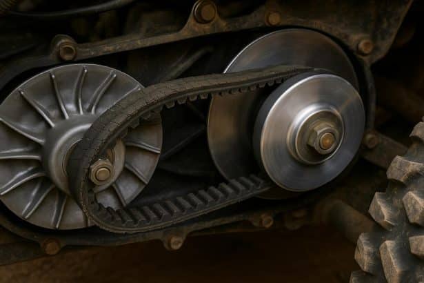 Worn UTV drive belt close-up showing cracks and damage affecting vehicle performance
