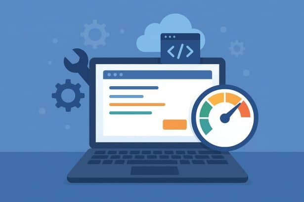 Web development virtual assistant optimizing website speed and performance on a laptop screen
