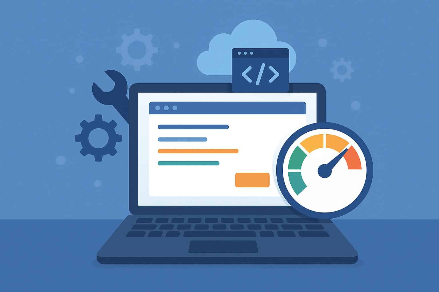 Web development virtual assistant optimizing website speed and performance on a laptop screen