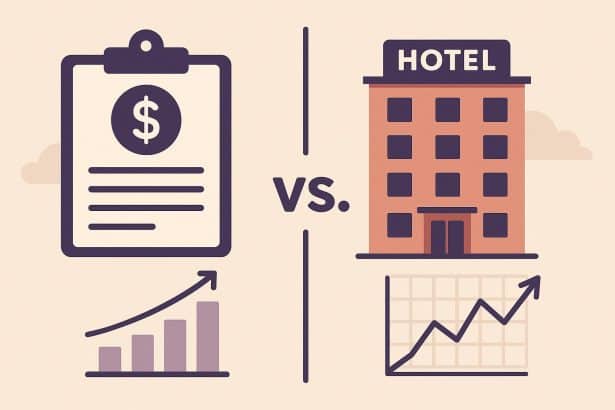 Hotel front desk with revenue charts comparing yield management and revenue management strategies