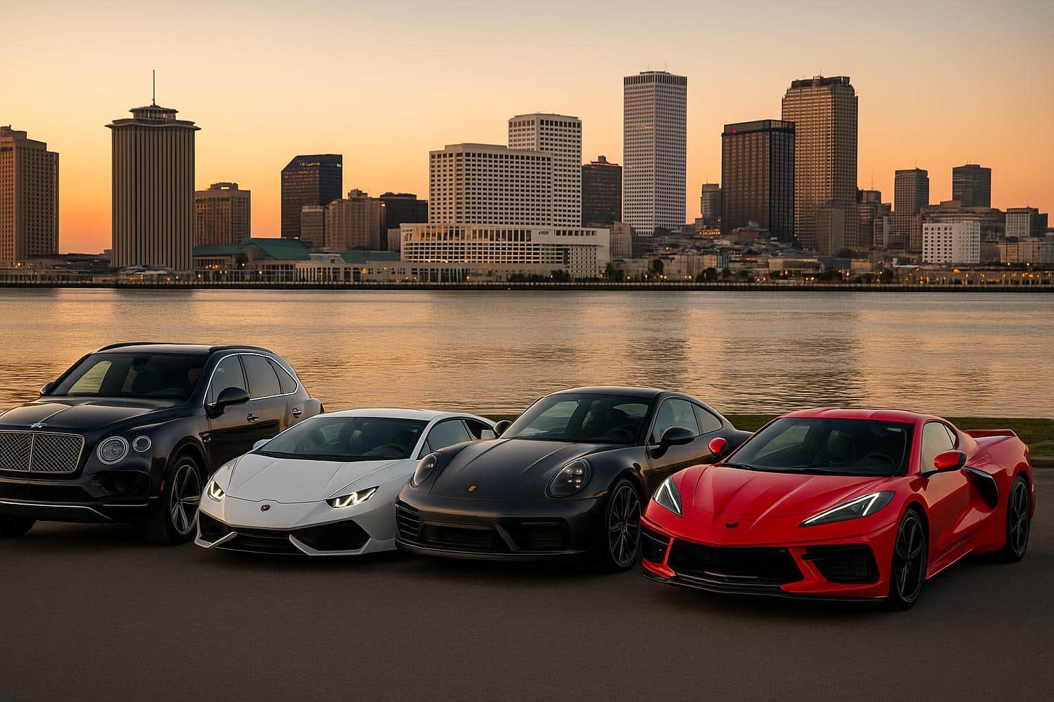 Luxury exotic cars parked in New Orleans, highlighting premium rental options for travelers