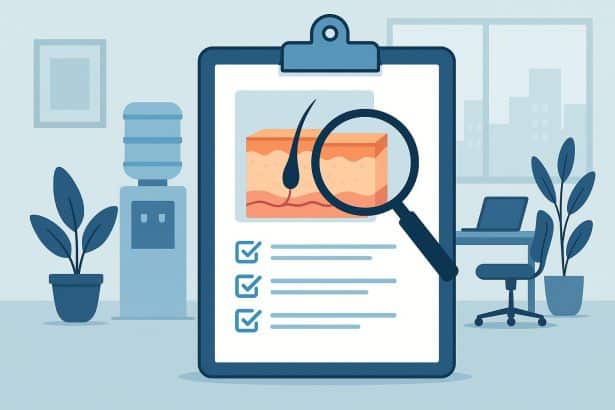 Dermatologist examining employee&rsquo;s skin under magnifying light in a corporate wellness setting