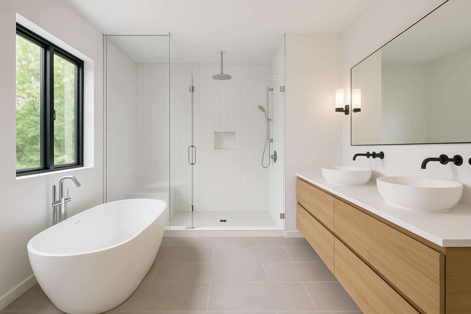 Sleek modern bathroom with freestanding tub, glass shower, and floating vanity features