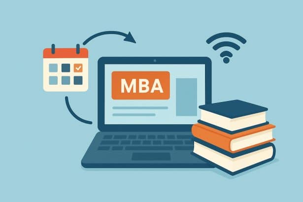 Laptop and graduation cap symbolizing flexible online MBA programs for career advancement