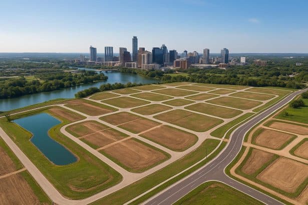 Aerial view of urban planning and construction sites in Austin, highlighting land development projects