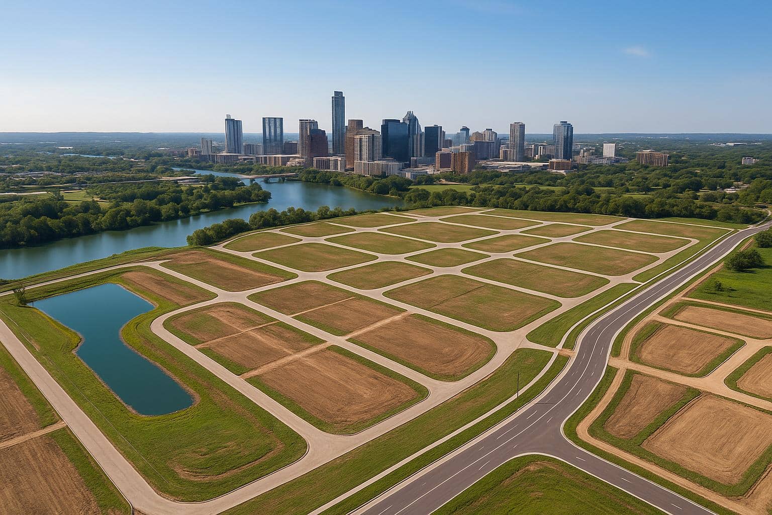 Aerial view of urban planning and construction sites in Austin, highlighting land development projects