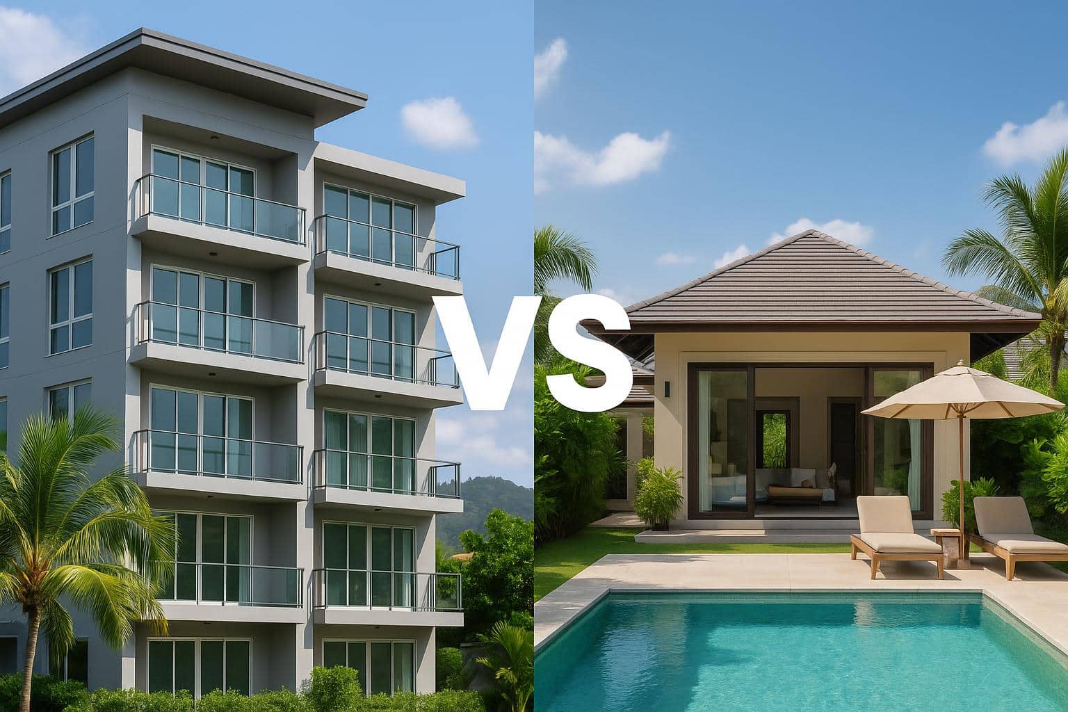 Modern Phuket condo building next to a luxury villa, highlighting real estate investment options