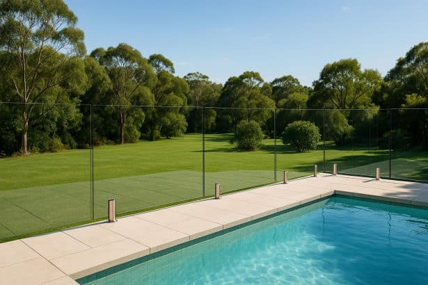 Modern backyard with clear glass fencing around a pool, showcasing premium outdoor design