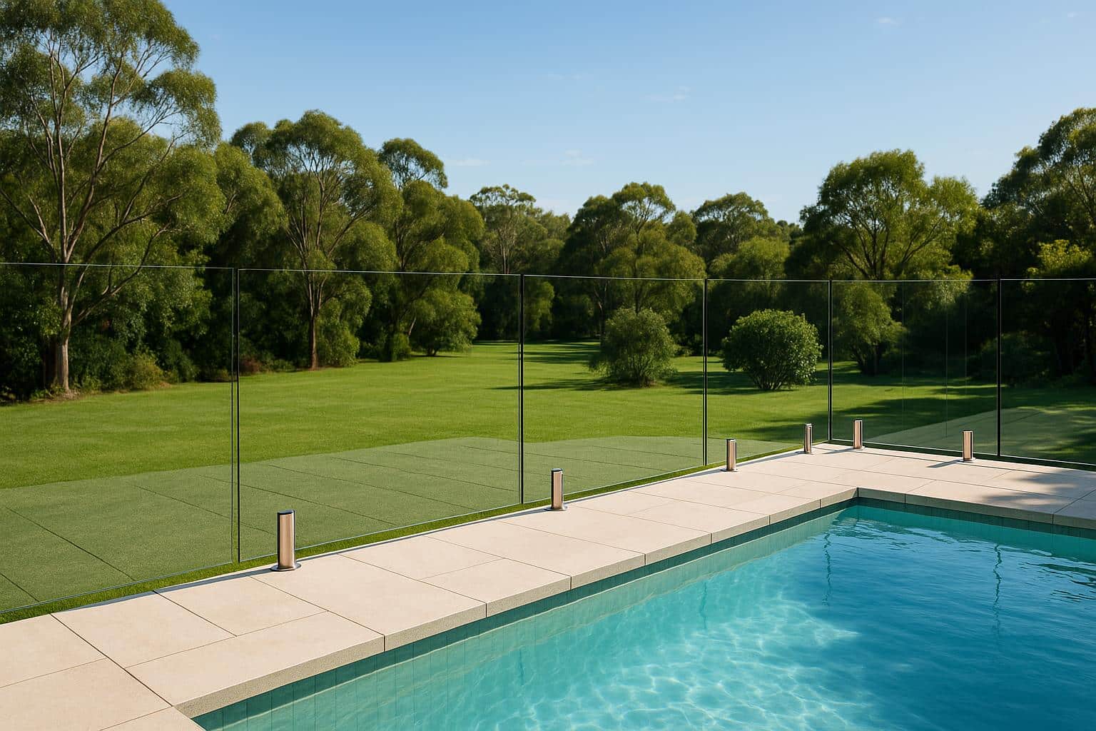 Modern backyard with clear glass fencing around a pool, showcasing premium outdoor design