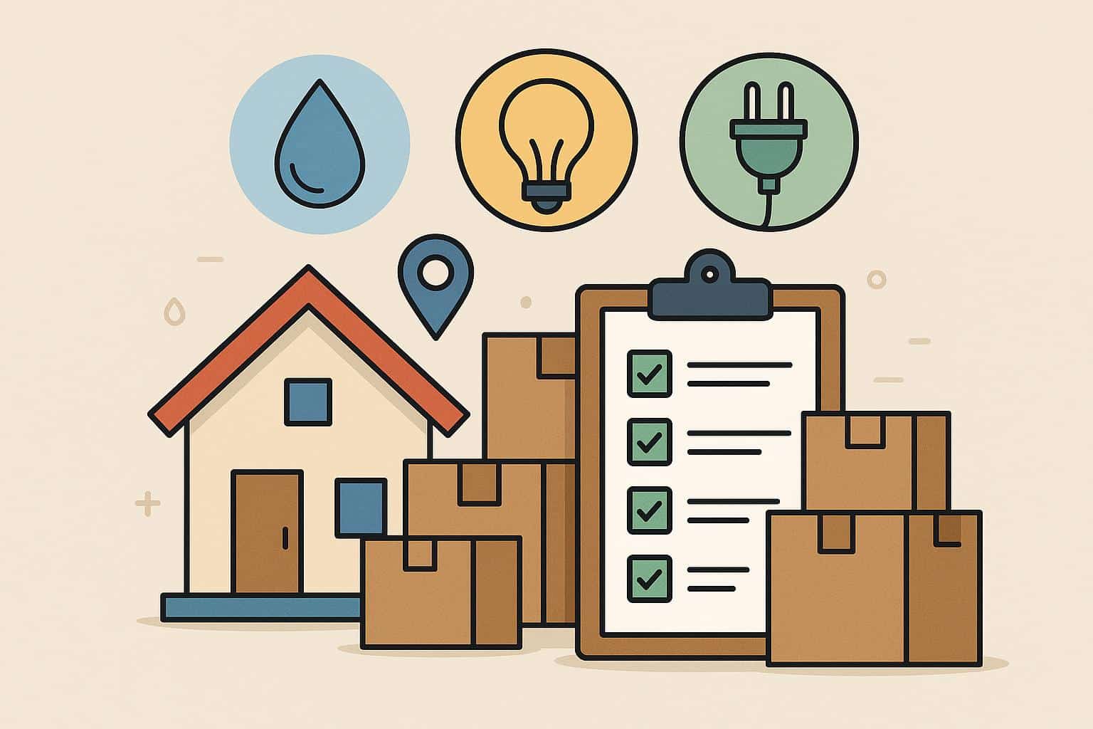 Moving house utility setup essentials: checklist, boxes, power cords, and household supplies