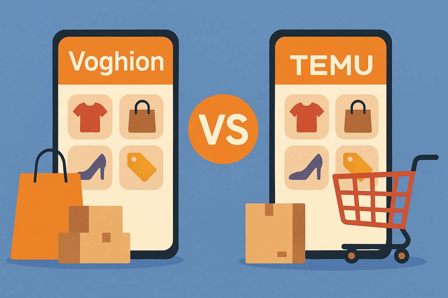 Voghion and Temu logos side by side, comparing online shopping value and marketplace features