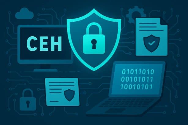 Certified Ethical Hacker certification badge and cybersecurity icons representing training advancement