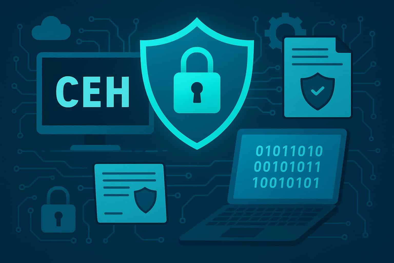 Certified Ethical Hacker certification badge and cybersecurity icons representing training advancement