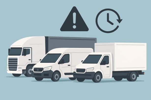 Fleet of commercial vehicles on the road representing outsourced fleet management solutions