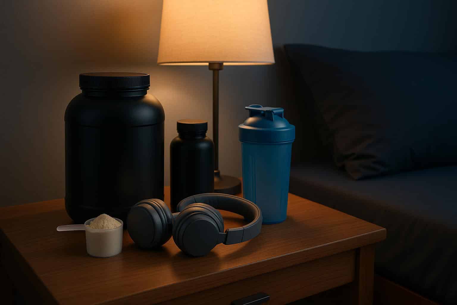 Nighttime supplements and fitness gear promoting muscle recovery during sleep on a bedside table