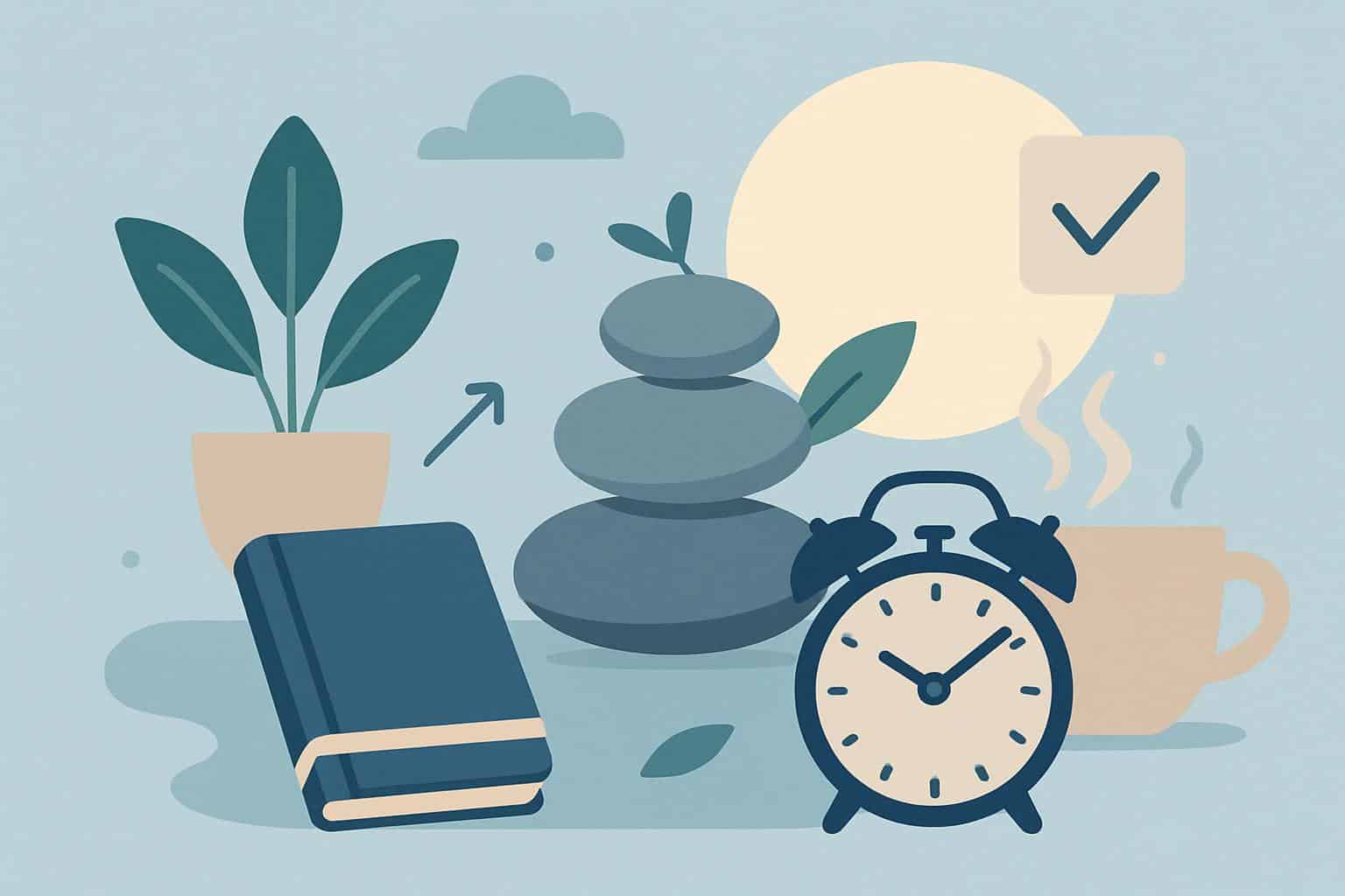 Morning routine with journal, cup of tea, and indoor plants promoting calm and balanced habits
