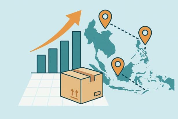 Cross border business expansion strategy in Southeast Asia with regional maps and trade icons