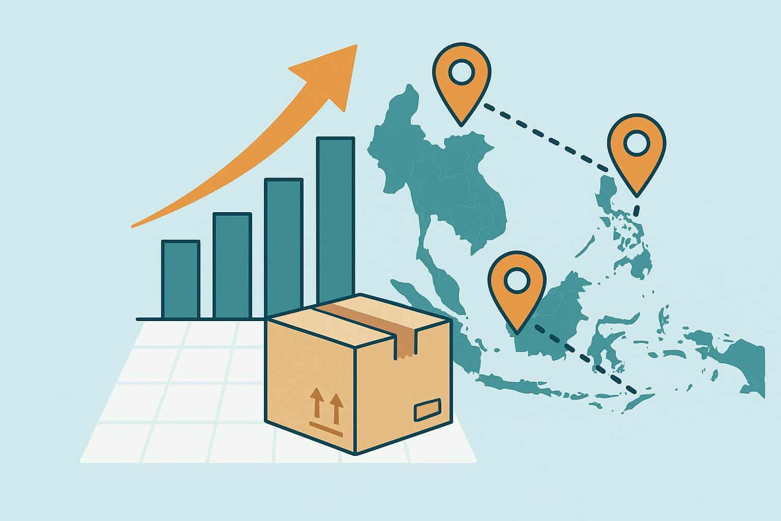 Cross border business expansion strategy in Southeast Asia with regional maps and trade icons