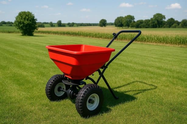 Fertiliser spreader in use on green lawn, demonstrating proper equipment for lawn and farm care