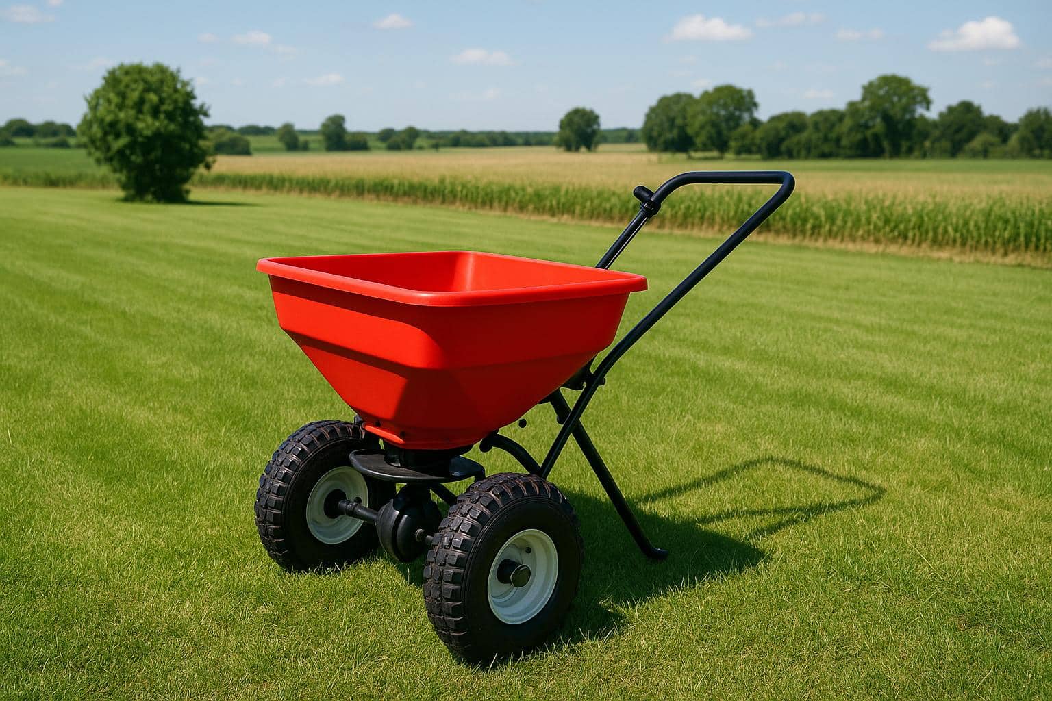 Fertiliser spreader in use on green lawn, demonstrating proper equipment for lawn and farm care