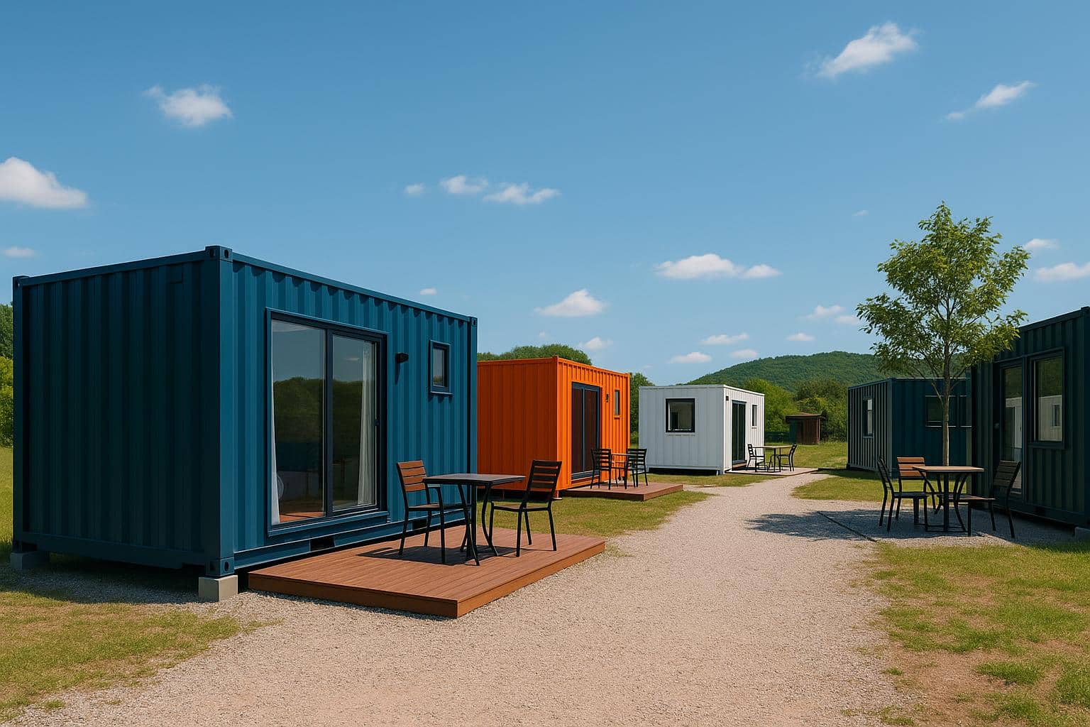 Modern container camp with modular housing units arranged for temporary accommodation solutions
