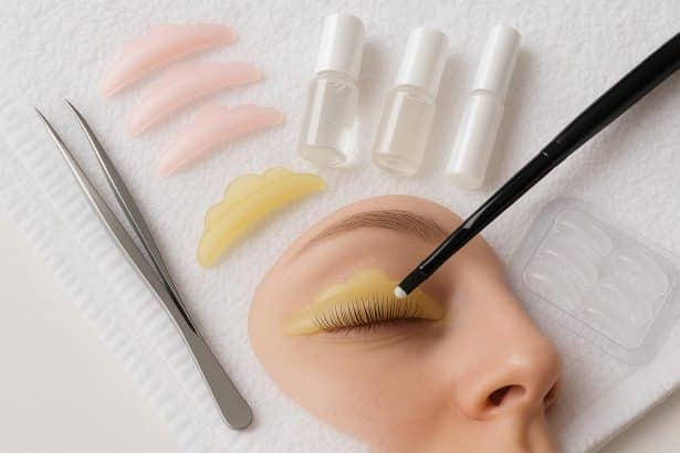Professional lash lift supplies arranged on a salon table for safe and beautiful lash treatments