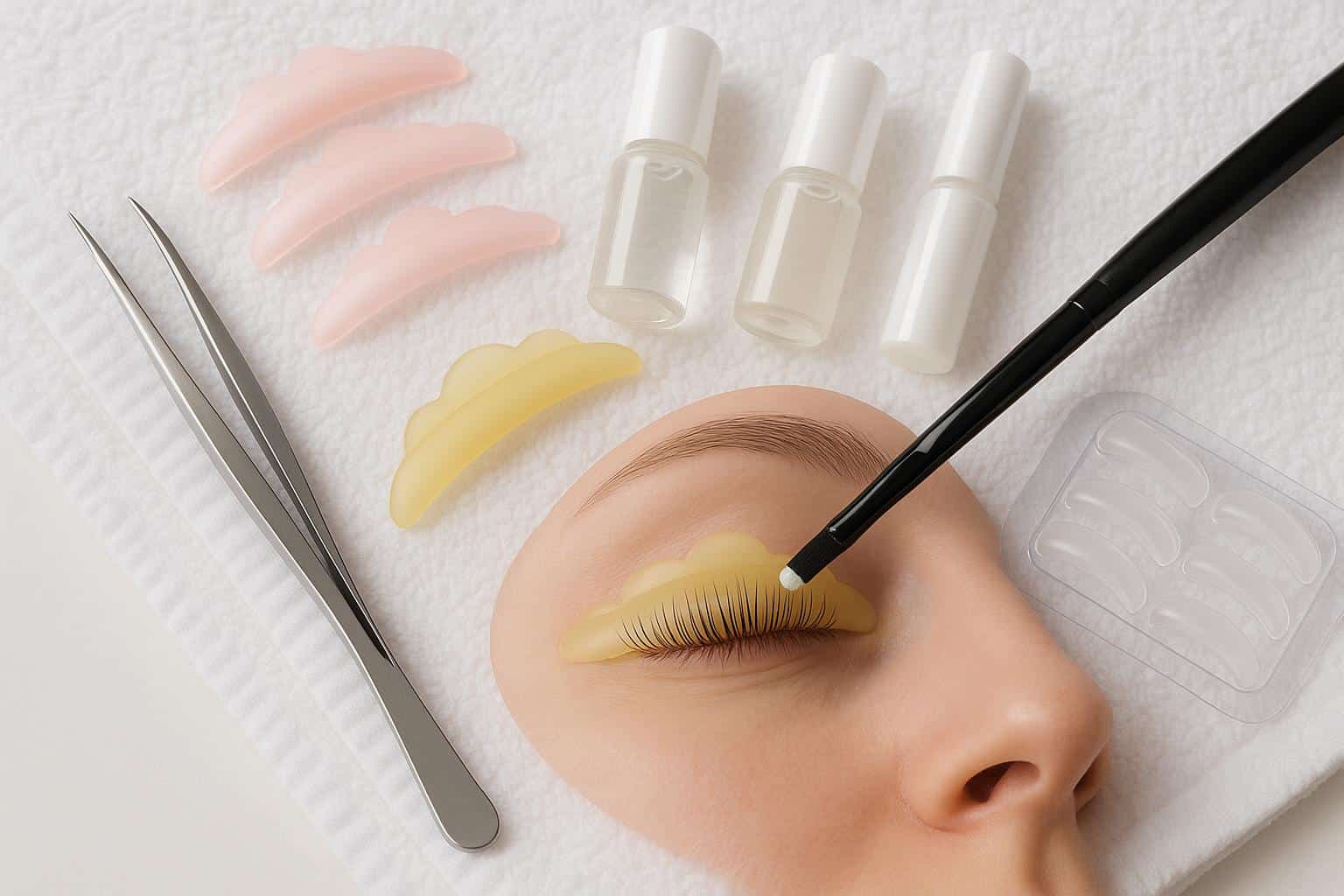 Professional lash lift supplies arranged on a salon table for safe and beautiful lash treatments